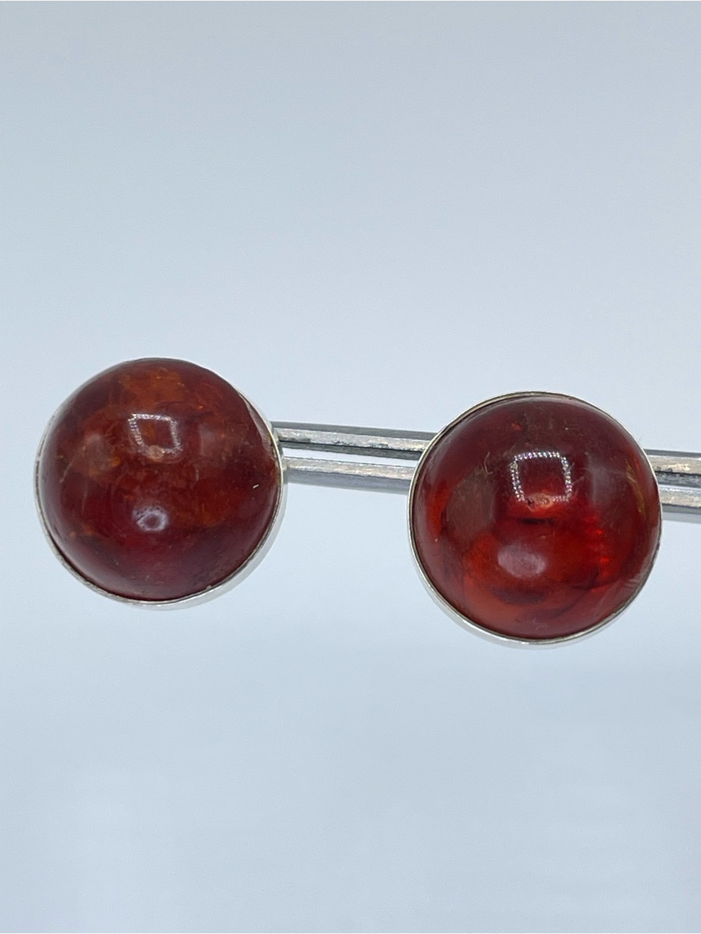 Vintage 925 Sterling Silver Baltic Amber Round Cabochon Stud Earrings Stunning